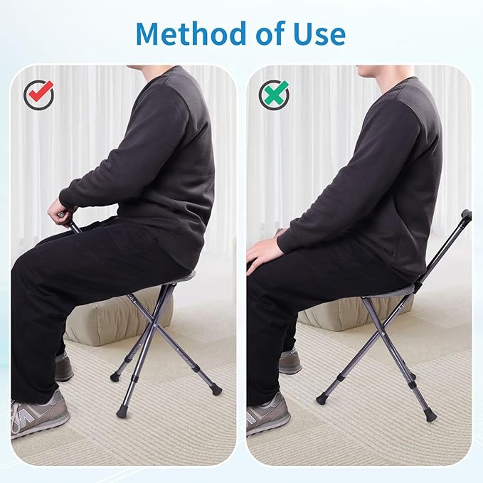 Folding Walking Cane with Seat, Walking Stick with Seat Lightweight for Seniors, Cane Chair with Magnetic Massage Handle & Seat Cover, Height Adjustment, Supports up to 330 Pounds