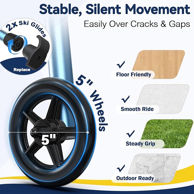 Walkers for Seniors with Basket and Glide Skis, 5" Wheels Lightweight Folding Walker, Support Up to 350 lbs, Height Adjustable Standard Compact Rolling Walker, Blue