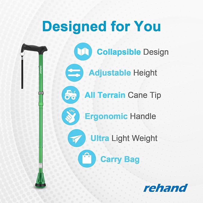 REHAND Walking Cane - Foldable, Adjustable, Collapsible Walking Canes for Men & Women, Heavy Duty All Terrain Tip, with Travel Bag | Walking Sticks for Seniors & Adults