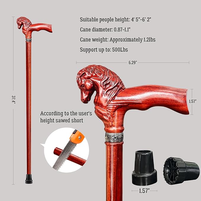 Wood Walking Cane, Elegant Hand-Carved Horse Head Wooden Walking Cane for Men and Women, Handmade Stylish Canes for Seniors, Light Stable High-end Canes Suitable for Gift Giving
