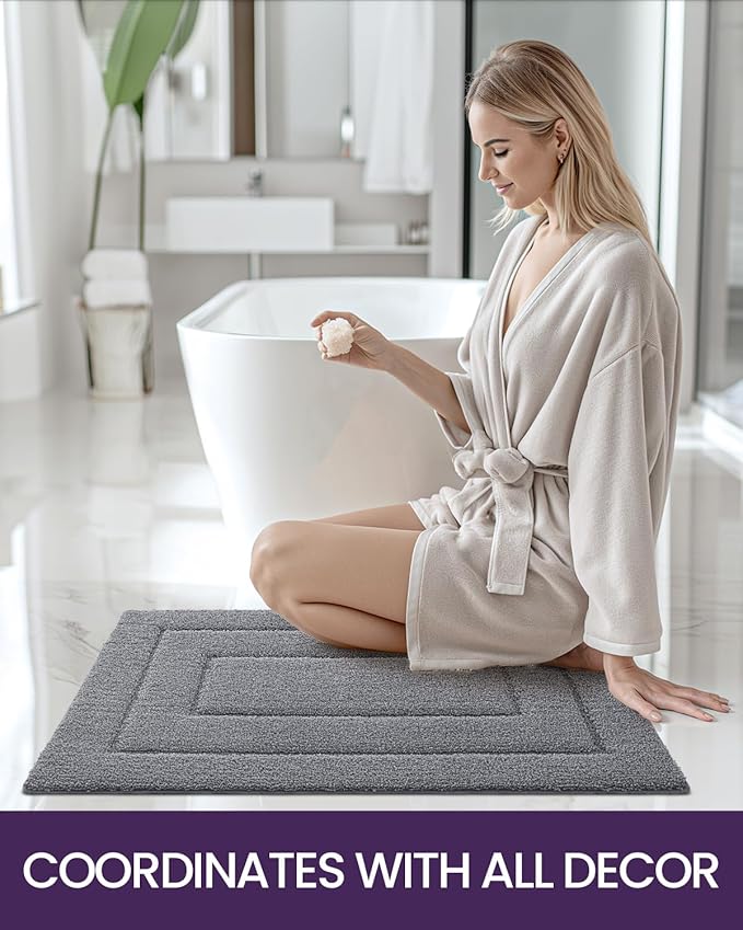 DEXI Bathroom Rug 24x16, Non Slip Washable Bath Mat for Shower Floor, Absorbent Soft Bathmat with Rubber Backing, Quick Dry Microfiber Carpet, Grey