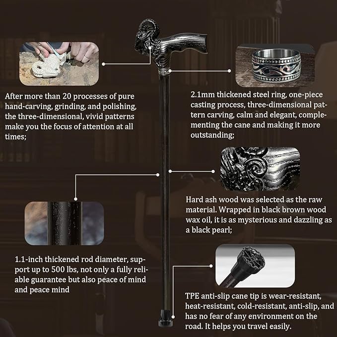 Hand Carved Wooden Cane Ultra Lightweight 0.88 lbs Support up to 500 lbs Walking Cane for Men and Women High-end Solid Wood Canes for Seniors with 3 Tips for City Trekking Daily Use