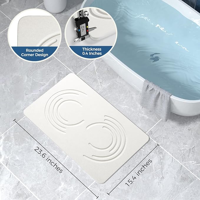 Stone Bath Mat Diatomaceous Earth Non-Slip Shower Mat with Marble-Pattern Surface, Diatomite Bath Stone Mat for Bathroom Floor -Super Absorbent, Easy to Clean (24 * 16 White)