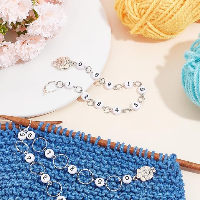 NBEADS 2 Pcs 2 Styles Sheep Charm Knitting Row Counter Chains, 0~9 Number Stitch Markers Acrylic Beads Crochet Stitch Marker Charms for Knitting Weaving Sewing Quilting Handmade Jewelry