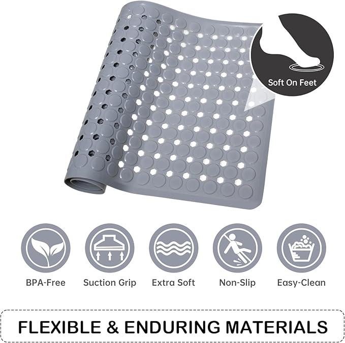 Linoows Non-Slip Bathtub and Shower Mats, Power Grip Bath Mat 35 x 16.3 Inch with Suction Cups and Drain Holes for Tub Bathroom Floor Safety, Machine Washable Soft Bathmat, Gray