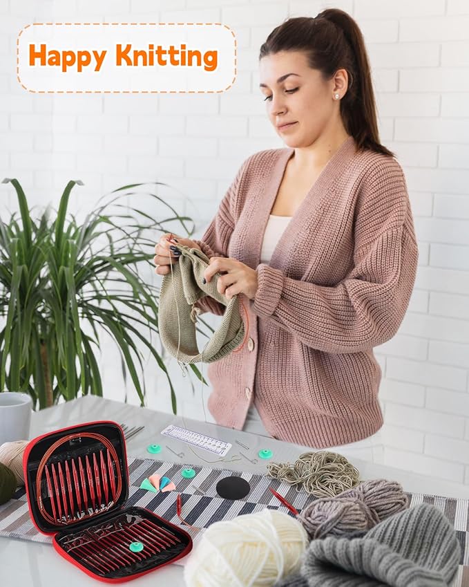 Interchangeable Knitting Needle Set with Circular Cable for Crafters, 13 Circular Knitting Needles with 4 Cable, 3-10 mm Aluminum Knitting Needles for Beginner, DIY Crafts, Red Needle Set