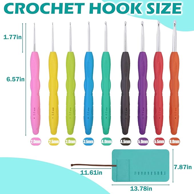 Lewhoo Crochet Hooks, 9 Size Ergonomic Crochet Hook Set with Roll Felt Case, Beginner Long Needle for Arthritic Hands, Size from 2.0mm-6.0mm/B-J