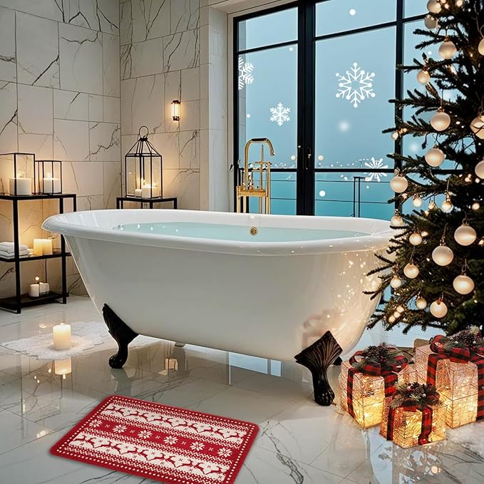 Christmas Non-Slip Bathtub Mat, Anti Slip Shower Mat, Fast Drying Bathtub Mats, Foot Scrubber Mat, Anti Slip Mat for Tub, Floor, Bathroom, Kitchen, Home, Hotel (Reindeer Snowflake, 24"x16")
