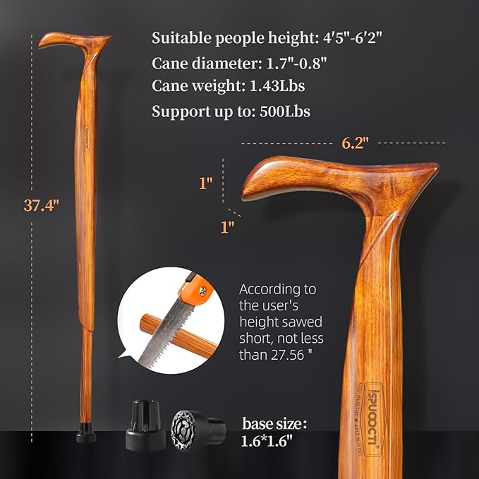 Wooden Walking Cane for Men and Women -Natural Solid Wood, 3 Rubber Tips, Heavy Duty, with Travel Bag- Wooden Walking Stick, Ergonomic Canes for Seniors Unisex Walking Canes