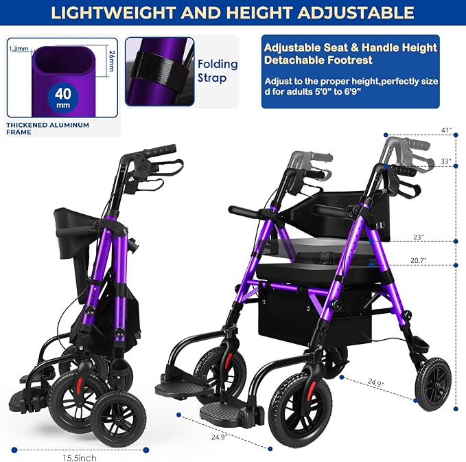 Foldable Rollator Walker for Seniors with Seat, Lightweight 2 in 1 Rolling Walkers Wheelchair Combo for Adult, Transport Chair with Brakes, Adjustable Seat and Handle, 300 Lb. Weight Capacity, Purple