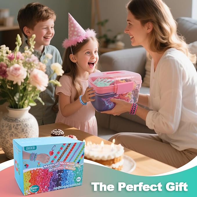 ZMMB Mermaid Bracelet Making Kit for Girls Ages 6-12 - 1200+ Rainbow Elastic Cloth Loom Bands in 12 Colors, DIY Craft Set with Mermaid Loom Tool, Storage Box – Great Birthday Gift for Kids