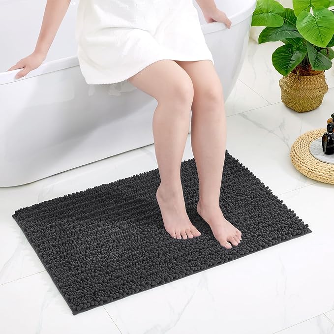 Small Bathroom Rug Non Slip Washable Dark Grey Bath Mat 17x24 Super Absorbent Soft Bathroom Floor Mat Chenille Bath Rug for Shower Tub