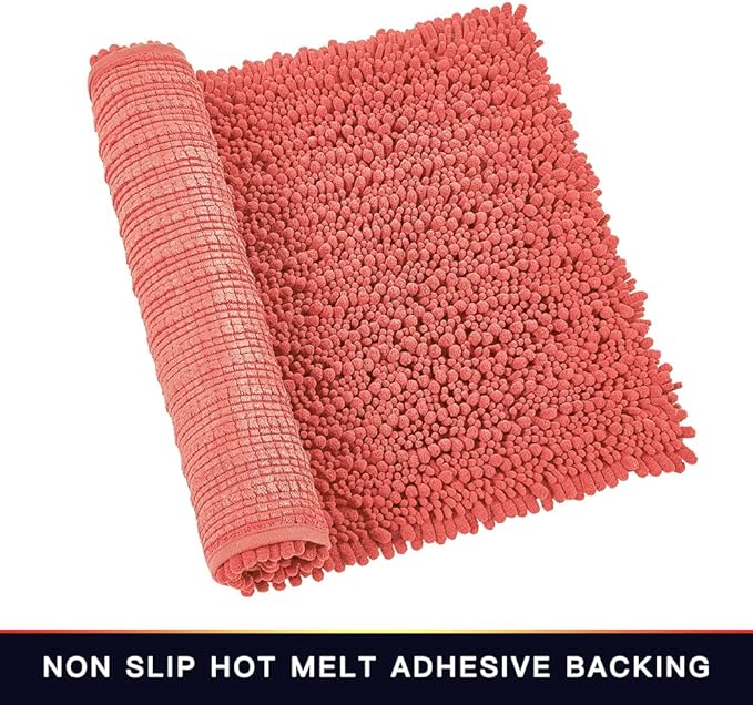 Walensee Bathroom Rug 2 Pieces Set Non Slip Bath Mat (20"x32" Plus 20"x24" U Living Coral) Water Absorbent Super Soft Shaggy Chenille Machine Washable Dry Extra Thick Perfect Carpet for Shower Floor