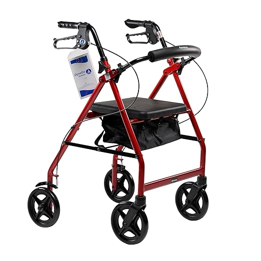 Dynarex DynaGo Quad 8 Rollator - Portable, Stand-Up Rolling Walker - 7.5” Wheels, Ideal for Narrow Spaces, Easy to Maneuver & 300 lb. Weight Capacity, Red Frame, 1 Rollator