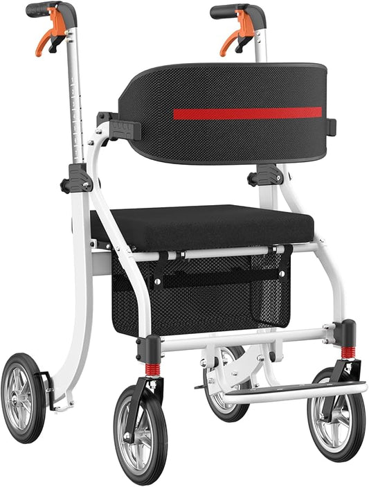 Rollator Walkers for Seniors with Seat, Foldable Lightweight Rolling Walker with 8" All Terrain Wheels, Height Adjustable 2 in 1 Walker Wheelchair Combo with Brake, No Installation, White