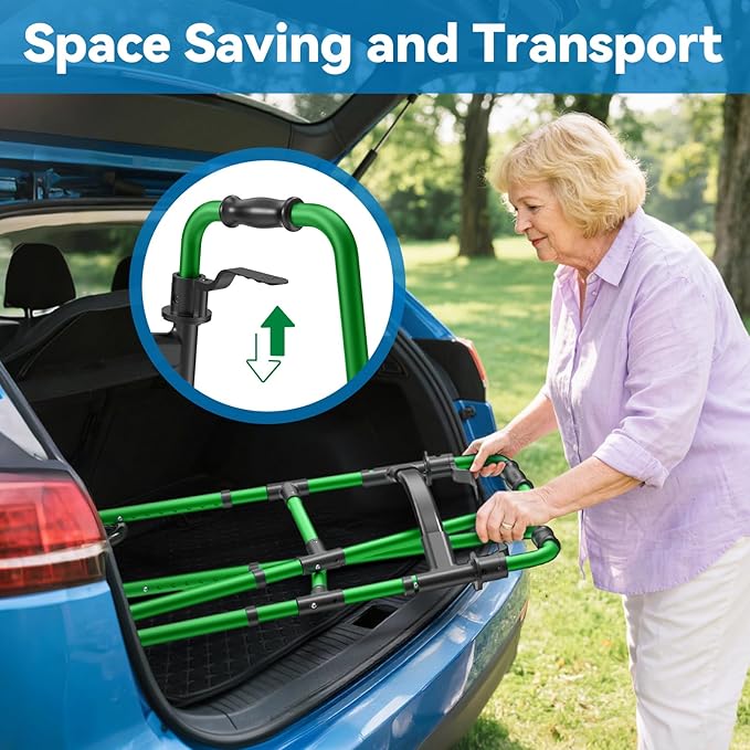 Folding Walker with 2 Skis and 5" Wheels, Lightweight Walkers for Seniors and Adults, Supports Up to 350 Pounds, Adjustable Height, Compact Standard Walker, Green