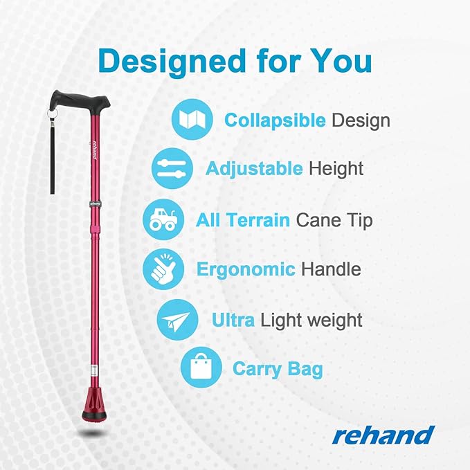 REHAND Walking Cane - Foldable, Adjustable, Collapsible Walking Canes for Men & Women, Heavy Duty All Terrain Tip, with Travel Bag | Walking Sticks for Seniors & Adults