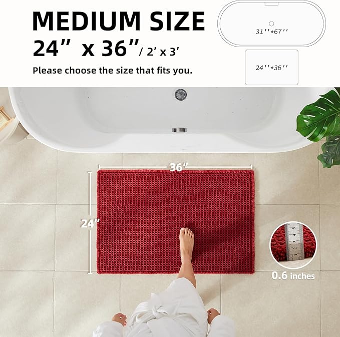 Waffle Bath Mat, Boho Bathroom Rugs Non Slip Washable Super Absorbent Quick Dry Bath Mat Farmhouse Bathroom Decor, 36"x24" Burgundy