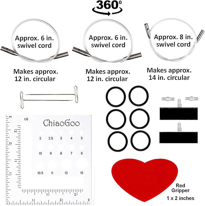 ChiaoGoo Twist Red Lace Shorties 3-Inch Large Yellow 7230-L Interchangeable Knitting Needle Set, US 9, 10, 10.5, 11 Stainless Steel with 3 Swiv360 Cables with Project Bag