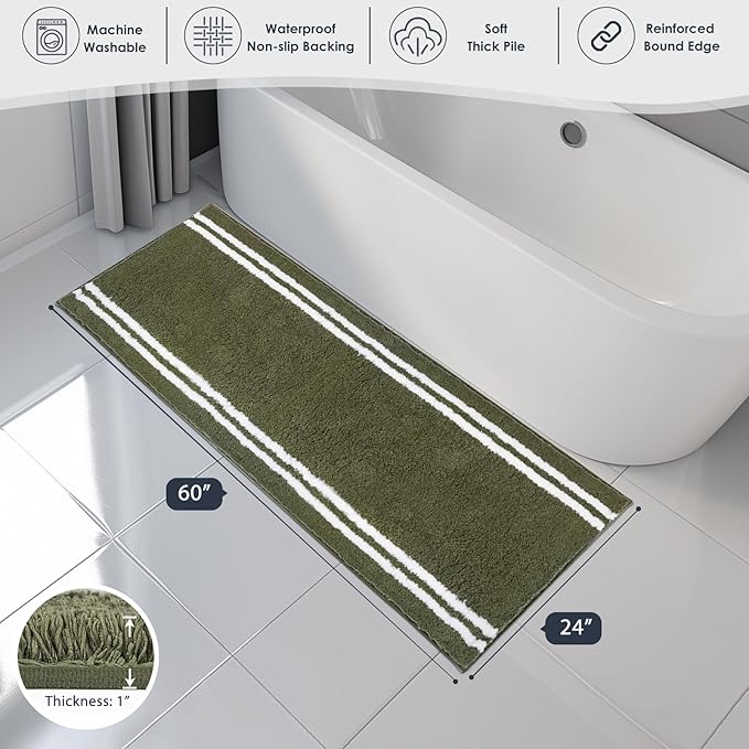 PURRUGS Bathroom Rug Non-Slip Machine Washable 24" x 60", Super Absorbent and Quick Dry Shaggy Microfiber Bath Mat, Extra Soft and Plush Bath Rug for Bathtub, Shower and Sink, Olive Green