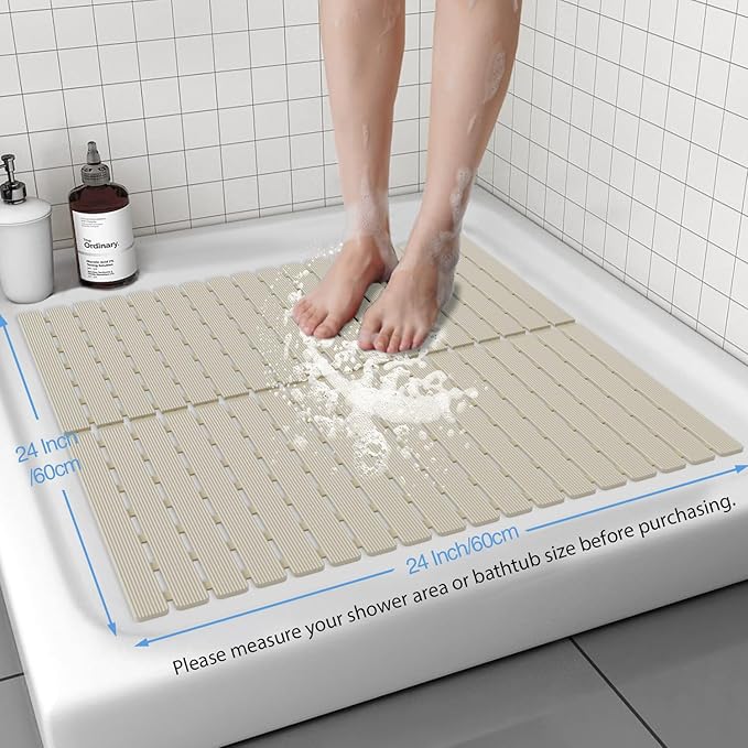 Shower Mat Non-Slip Bath Mat for Tub and Shower Stall,200+ Suction Cups with Drain Holes, Quick Dry Machine Washable, Extra Grip for Elderly and Baby, Bathroom Essentials 24x24 Inch (Light Brown)