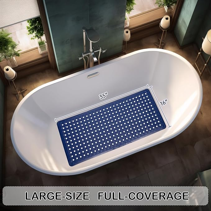 Linoows Non-Slip Bathtub and Shower Mats, Power Grip Bath Mat 35 x 16.3 Inch with Suction Cups and Drain Holes for Tub Bathroom Floor Safety, Machine Washable Soft Bathmat, Navy Blue