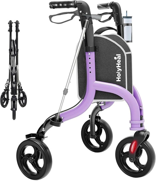 3 Wheel Walkers for Seniors, Lightweight Rollator Walkers Foldable for Elderly with Cane Hold and Cup Hold, Height Adjustable Aluminum Three Wheel Rolling Walker Mobility Aid, Purple
