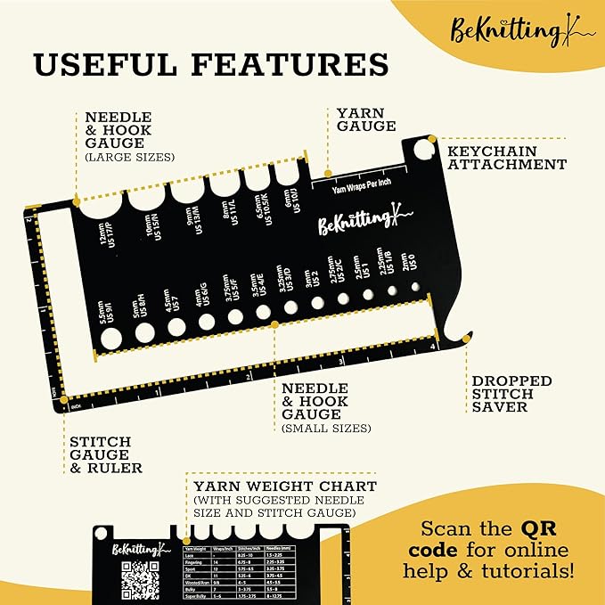 BeKnitting Knitting Needle Gauge Sizer Tool for Knitting Needles & Crochet Hooks, Yarn & Swatch Ruler - Sitch Saver | Holiday Christmas Gifts, Gift-Ready Box