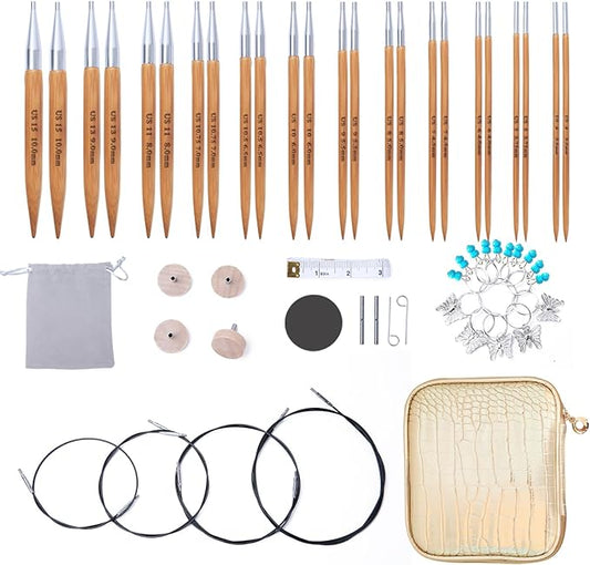 Holamulta Bamboo Interchangeable Circular Knitting Needles Set - 12 Sizes (US 4-15)
