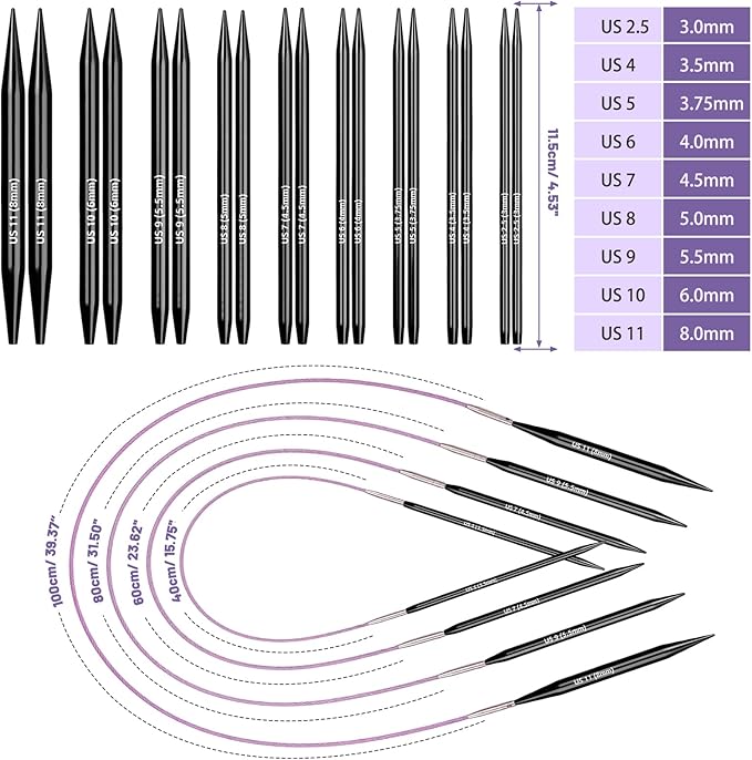 Katech Interchangeable Knitting Needles Set- 9 Pairs Circular Knitting Needles Size 2.5, 4, 5, 6, 7, 8, 9, 10,11, Round Knittings Needle with Cable and Case Accessories for Sweater Sock, Blanket