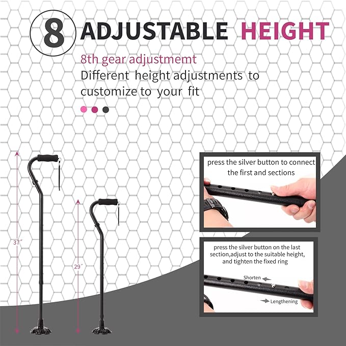 LIXIANG Walking Canes Stablize Women Quad Canes for Seniors & Adults Foldable Adjustable for Men & Women Heavy Duty Freestanding Cane for People with Leg Injuries 3 footings