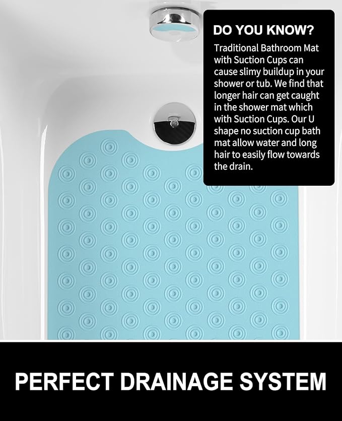 OTHWAY No Suction Cup Bath Mat: 39x16 inch Extra Long Bathmat│Perfect for Refinished or Ordinary Bath Tubs│Made of Nature Rubber│a Blessing for The Elderly and Children (Lake Blue)