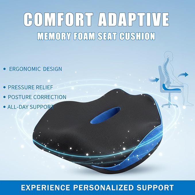 Orthopedic Seat Cushion, Ergonomic Memory Foam Cushions, Cushions Pad Pillow for Office, Car Seat, Airplane, Sciatica & Back Pain Relief for Long Sitting