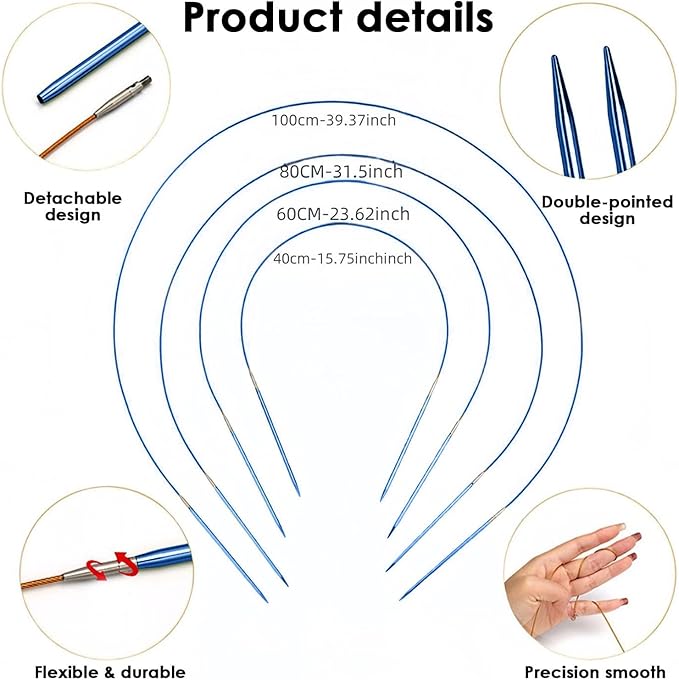 Hzkokon Knitting Needles Set Interchangeable Aluminum Circular Knitting Needles Set 13 Pairs of 4 Inch Premium Aluminum Needles & Accessories Blue