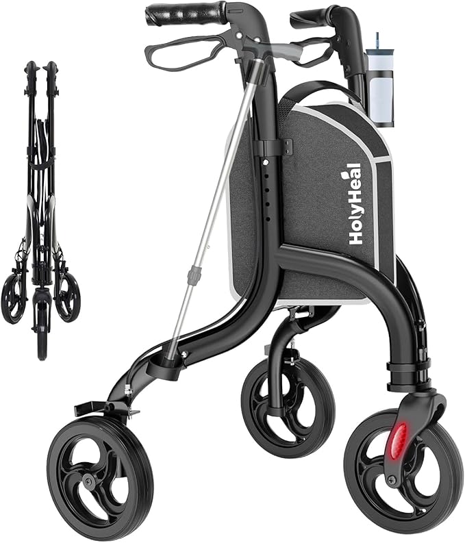3 Wheel Walkers for Seniors, Lightweight Rollator Walkers Foldable for Elderly with Cane Hold and Cup Hold, Height Adjustable Aluminum Three Wheel Rolling Walker Mobility Aid, Black