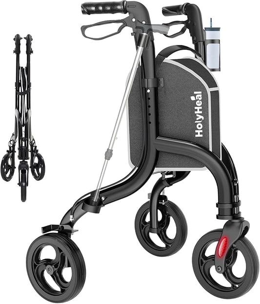 3 Wheel Walkers for Seniors, Lightweight Rollator Walkers Foldable for Elderly with Cane Hold and Cup Hold, Height Adjustable Aluminum Three Wheel Rolling Walker Mobility Aid, Black