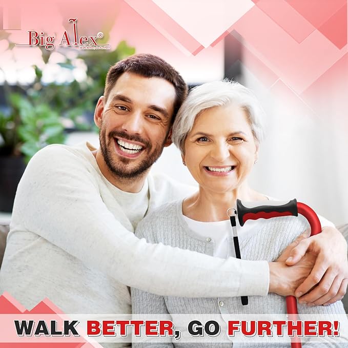 BigAlex Quad Cane, Foldable Adjustable Walking Cane for Men & Women with Stable 4-Pronged Base for Extra Stability & Balance, Heavy Duty, Lightweight, Soft Offset Handle Stick for Seniors & Elderly