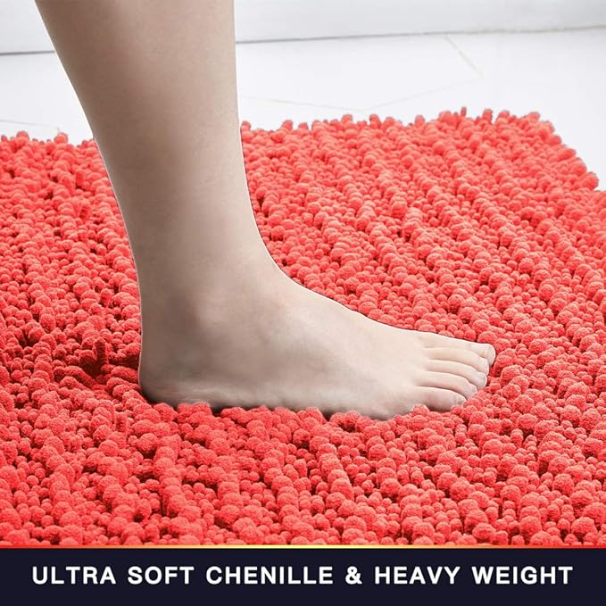 Walensee Bathroom Rug Non Slip Bath Mat (36x24 Inch Coral) Water Absorbent Super Soft Shaggy Chenille Machine Washable Dry Extra Thick Perfect Absorbant Best Large Plush Carpet for Shower Floor