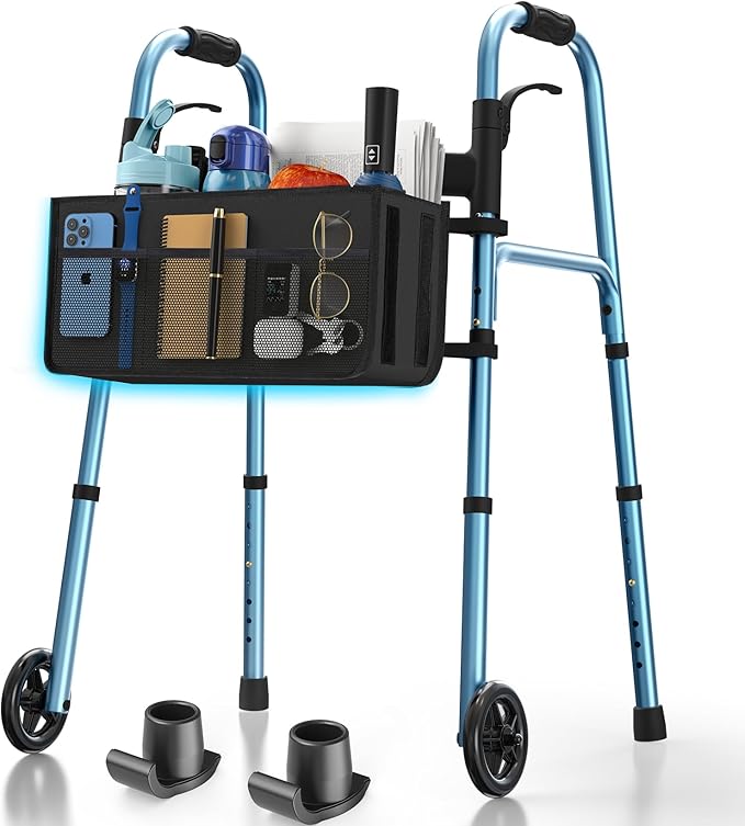 Walkers for Seniors with Basket and Glide Skis, 5" Wheels Lightweight Folding Walker, Support Up to 350 lbs, Height Adjustable Standard Compact Rolling Walker, Blue