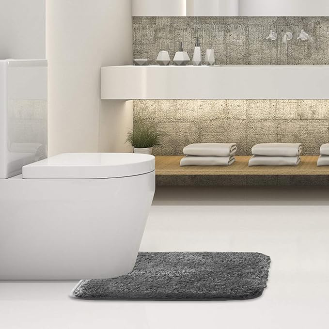 Suchtale Bathroom Contour Rug Non Slip Bath Mat Water Absorbent Soft Microfiber Shaggy Bathroom Mat Machine Washable Bath Rug for Bathroom Thick Plush U Shape Toilet Rug (20 x 24, Dark Grey)