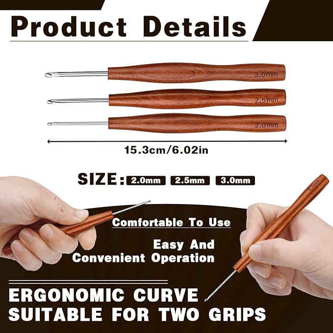 Nitlak 3 Pcs Crochet Hook, 3 Size Aluminum Ergonomic Crochet Hook with Wooden Handle for Arthritic Hands, Beginners, Crochet Needles for Knitting (2mm/2.5mm/3mm)