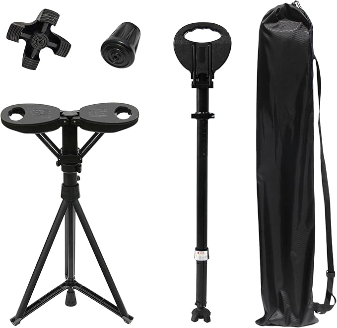 XXL Portable Walking Cane with Seat, Adjustable 34"-37" Foldable Lightweight Aluminum Anti-Slip Walking Stick for Men & Women, 550 Lbs Cane with Chair for Travel Hiking with Carry Bag