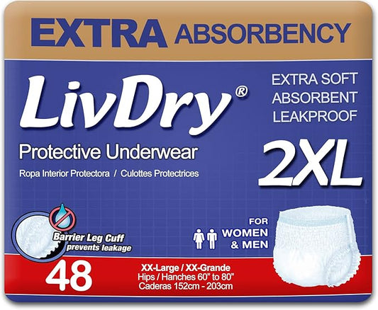 LivDry Adult XXL Incontinence Underwear, Extra Comfort Absorbency, Leak Protection, XX-Large, 48-Pack