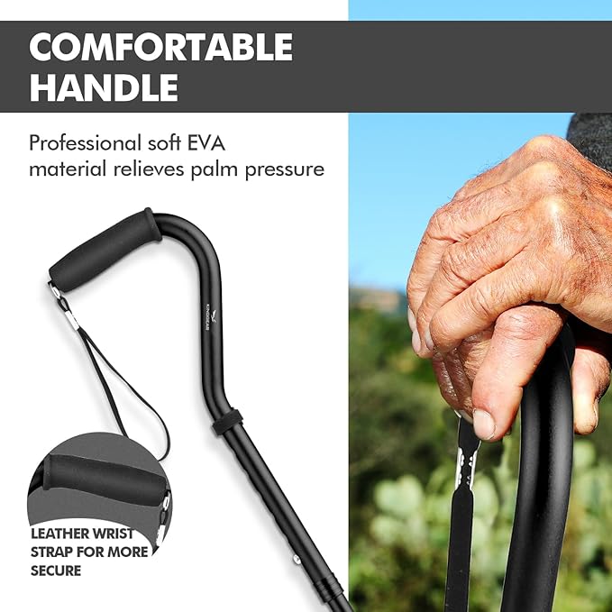 KINGGEAR F1 Walking Stick, Walking Cane for Women & Men with Wrist Strap, Lightweight & Sturdy Offset EVA Handle, Large Quad Base, Self Standing for Seniors and People with Injuries & Recovery