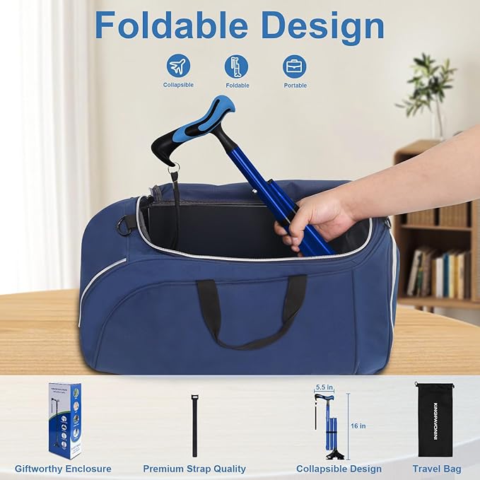 KingPavonini Walking Cane for Men Women Stability, Free Standing Foldable Cane, Ergonomic Handle Pivoting Quad Base, Heavy Duty 350 LBs, Adjustable Walking Canes for Seniors Balance with Travel Bag