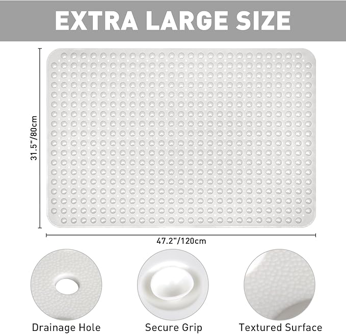 Shower Mat Non Slip: 47.2 x 31.5 Inch Extra Large TPE Shower Mats for Inside Shower - Anti Slip Shower Stall Matt with Drain Hole and Suction Cups for Elderly