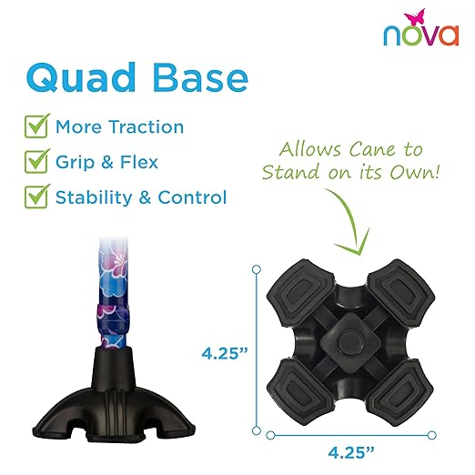 Nova Joy Designer Offset Quad Cane for Seniors - Unisex Adjustable Lightweight Walking Aid with Foam Handle, Wrist Strap and Anti-Rattle Lock - Essential Mobility Support - Maui Flowers