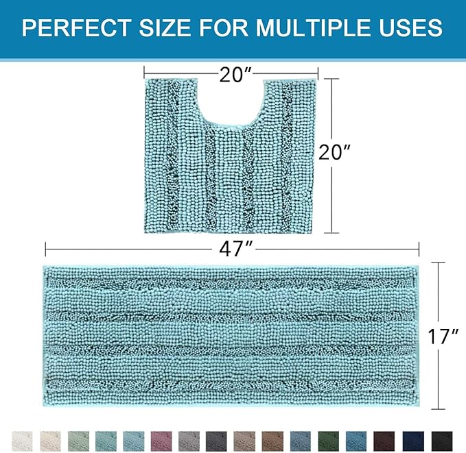 H.VERSAILTEX Bathroom Rugs Bath Rug Set 2 Piece Bathroom Contour Rug Toilet Mat Sets Non Slip Contour Bath Rug Ultra Thick Water Absorbent Striped Bath Mats(47" x 17" Plus 20" x 20" U, Aqua Haze)