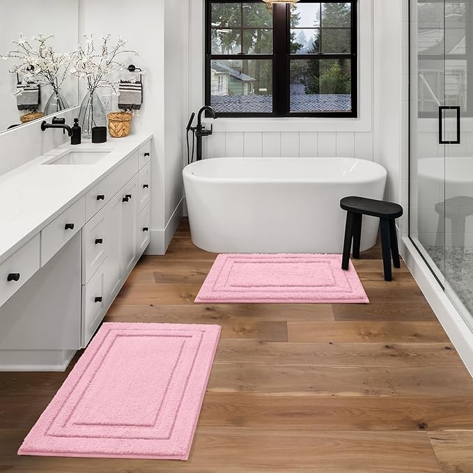 HOMEIDEAS Cute Bathroom Rugs, Super Soft and Absorbent Non Slip Microfiber Machine Washable Bath Mat Set for Pink Bathroom Decor (20" x 32" + 16" x 24", Light Pink)