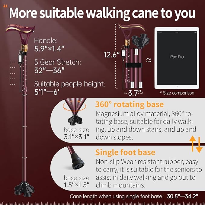 Folding Cane, Smart Alarm Foldable Cane with Light, Fashion Walking Cane for Women&Men, Adjustable Canes for Seniors, USB Direct Charging, Lightweight and Portable